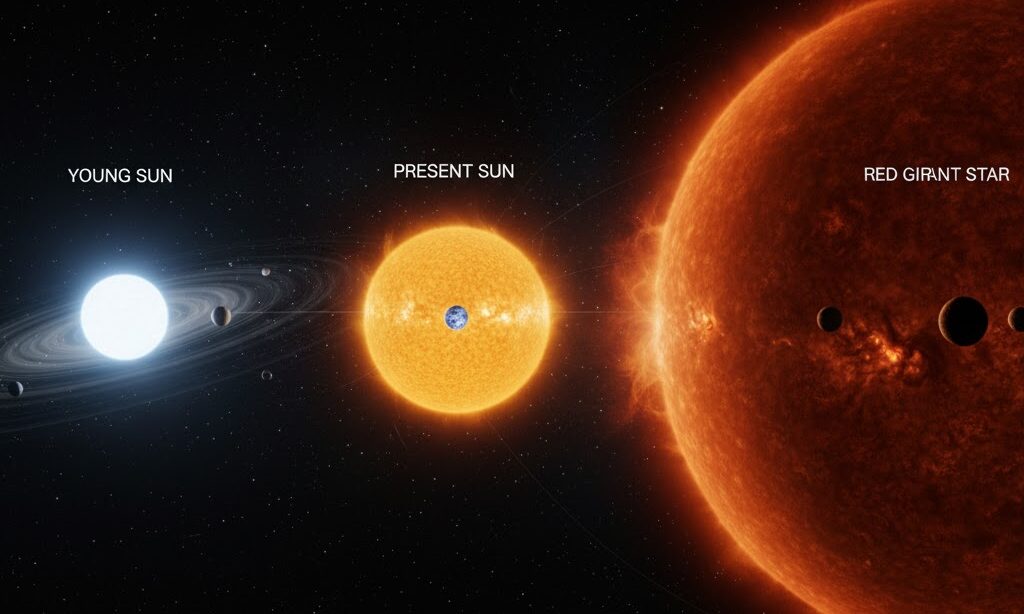 太陽の寿命と年齢を表すイメージ 太陽の一生の変化を学ぶ図