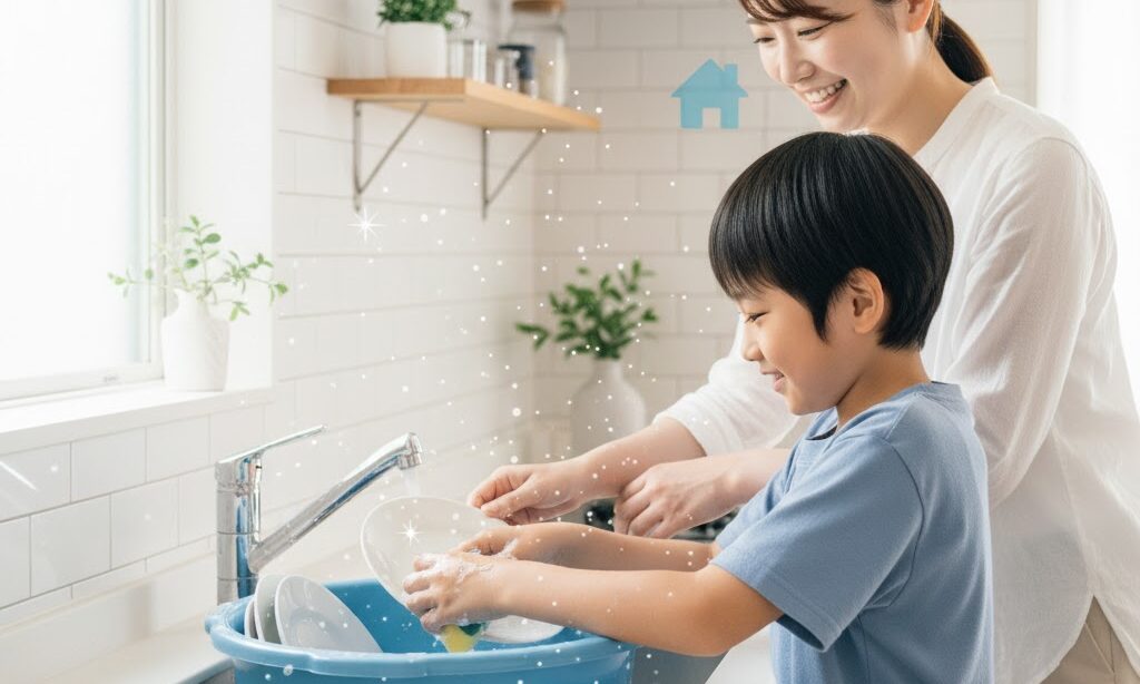 ためすすぎで節水しながら皿洗いをする日本人親子のキッチンシーン