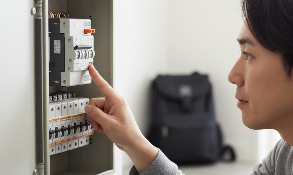 避難前にメインブレーカーを切る防災行動のイメージ|停電時の安全対策として重要な操作