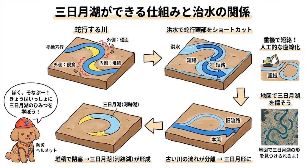 三日月湖ができる仕組みと治水の関係を図で説明するグラフィックレコーディング。
蛇行する川: 青い本流が大地を蛇行し、外側が赤の波線で「侵食」、内側が黄色で「堆積」と示されている。
洪水で蛇行頸部をショートカット: 洪水により、蛇行している川が直線的に短絡する様子が太い青い矢印で示されている。右隣には、重機が川を直線化している挿絵があり、「重機で短絡!人工的な直線化」と書かれている。
古い川の流れが分離 → 三日月形に: 短絡により、古い川の流れが本流から分離し、三日月形を形成している。
堆積で閉塞 → 三日月湖(河跡湖)が形成: 三日月形の部分が堆積物で閉塞され、「三日月湖(河跡湖)」が完全に形成されている。
左下には、防災ヘルメットをかぶった子犬のキャラクター「そなぷー」がおり、「ぼく、そなぷー!きょうはいっしょに三日月湖のひみつを学ぼう!」という吹き出しがある。
右下には、航空写真風のイラストがあり、地図上で三日月湖を探せることを示している。