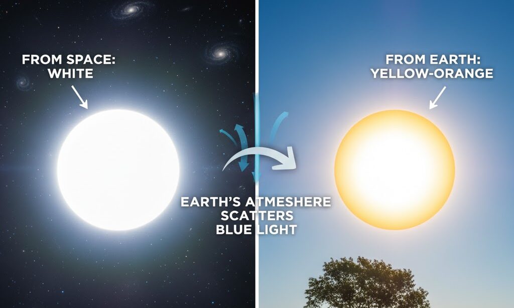 太陽の本当の色と地球から見える色の違いを説明するイメージ