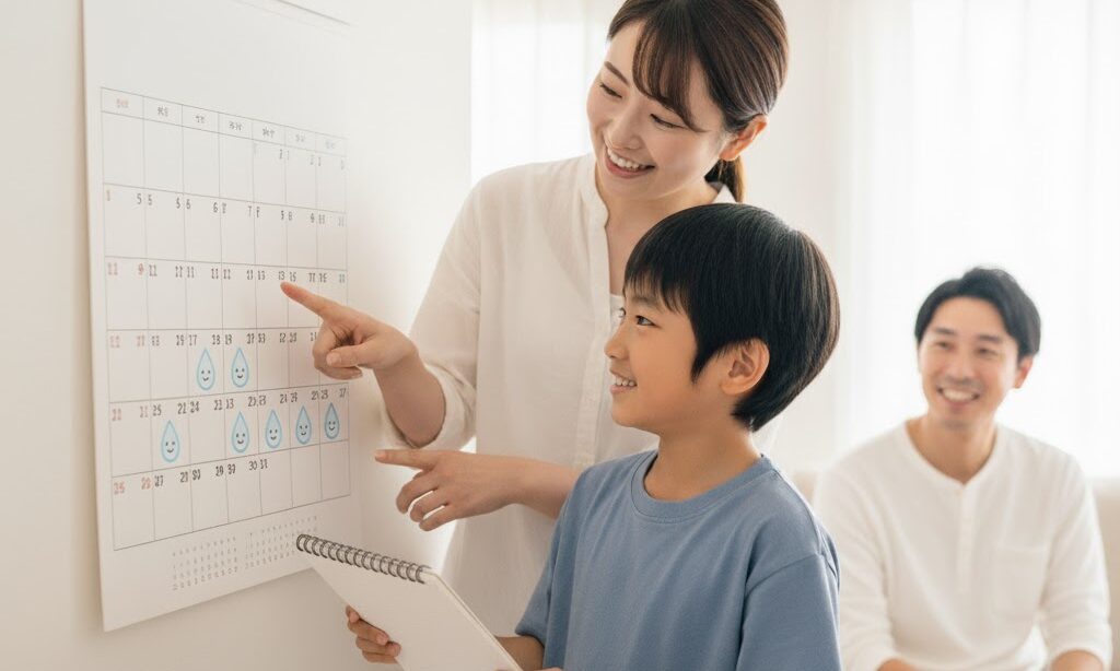 家族で節水チェックを行う小学生とカレンダーの実写風イメージ