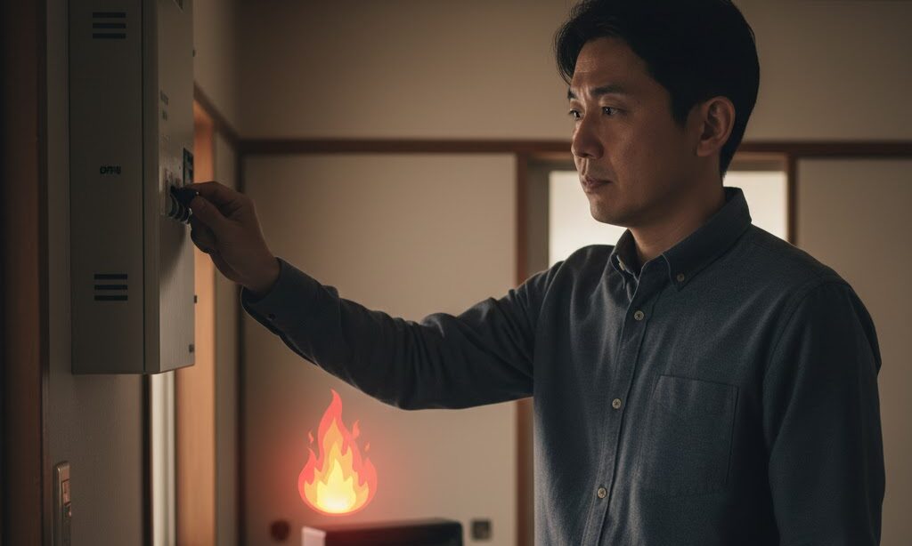 停電復旧時の通電火災を防ぐためにブレーカーを操作する様子|通電火災の予防イメージ