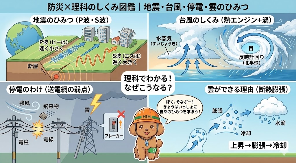 防災×理科のしくみ図鑑|地震・台風・停電・雲のひみつを解説した4分割の図解イラスト。防災士キャラクターのそなぷーが案内役。