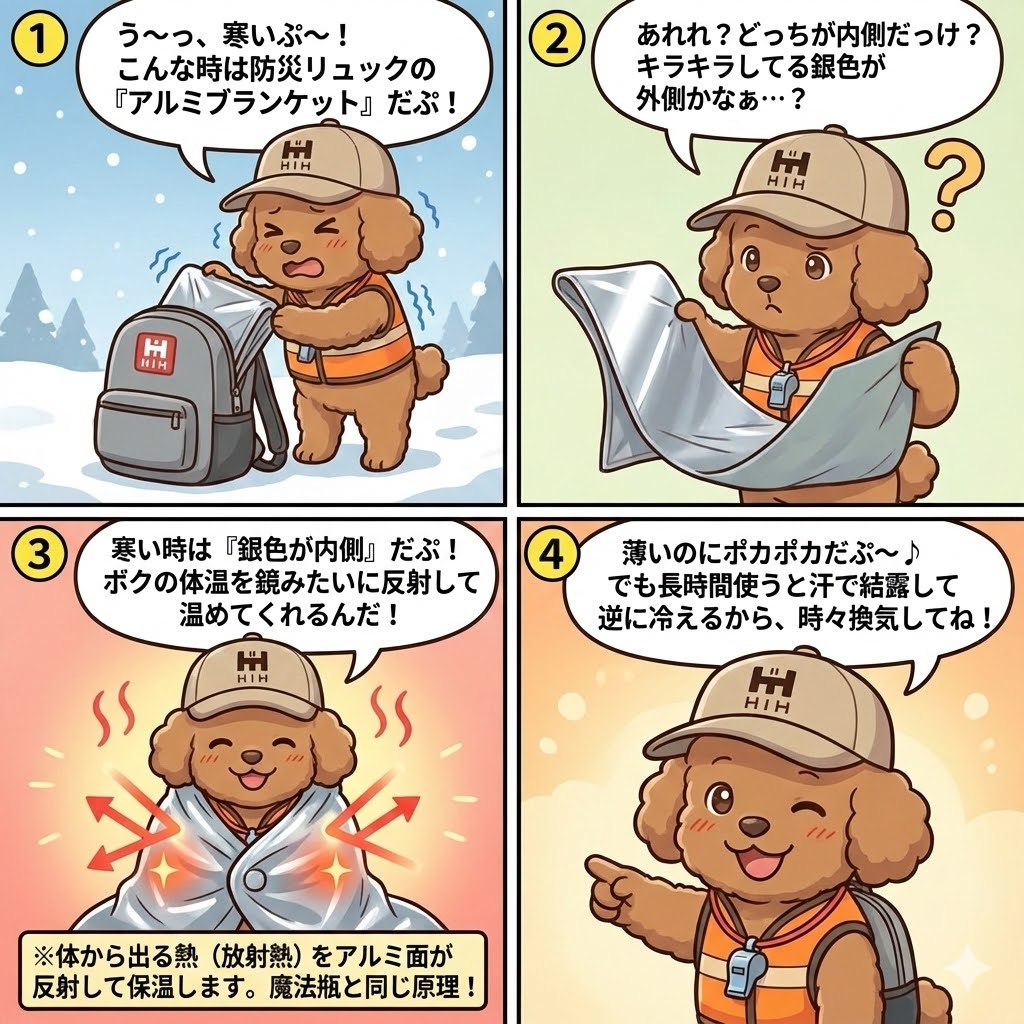 アルミブランケットの使い方を解説する4コマ漫画。寒い時は銀色の面を内側にして体温を反射させ保温する（魔法瓶と同じ原理）。注意点として、長時間の使用は汗で結露し逆に冷えるため、時々換気が必要とそなぷーが説明。