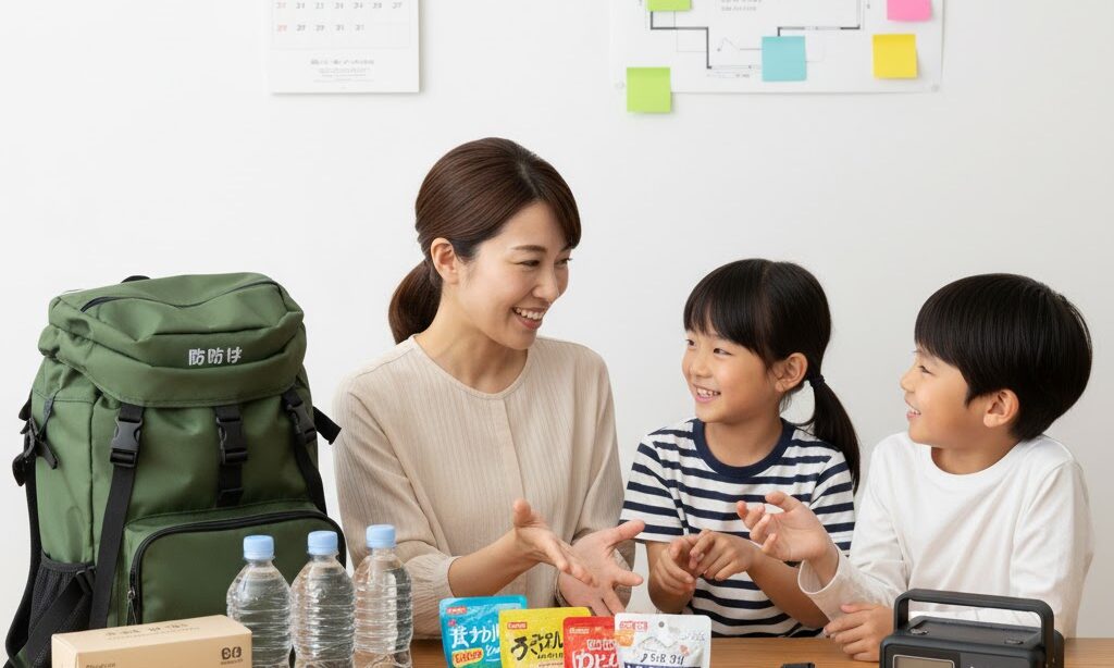 家庭の防災会議で防災グッズを比較し備蓄計画を立てる日本人家族