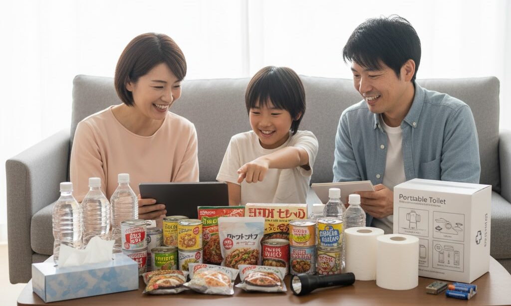家庭の在宅避難に必要な水・食料・簡易トイレ・日用品をまとめて確認している防災備蓄の写真