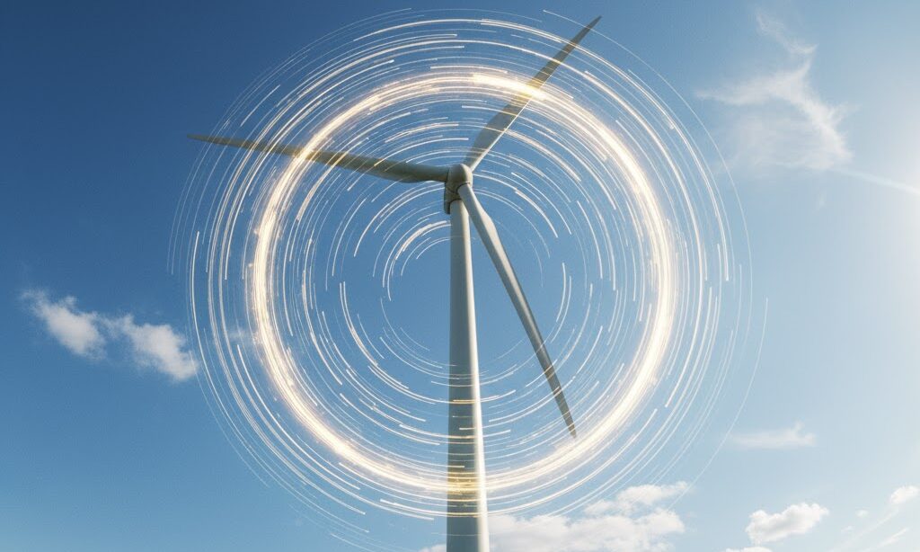 巨大化した最新型風力タービンをローアングルで見上げる実写風イメージ