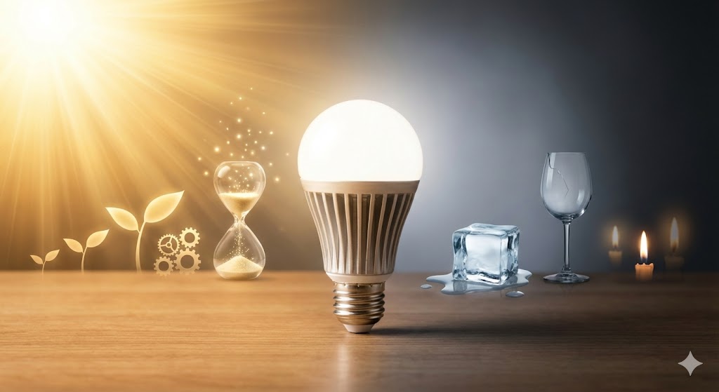 LEDライトを中心に、明るい光と影が対比する防災性能の抽象イメージ