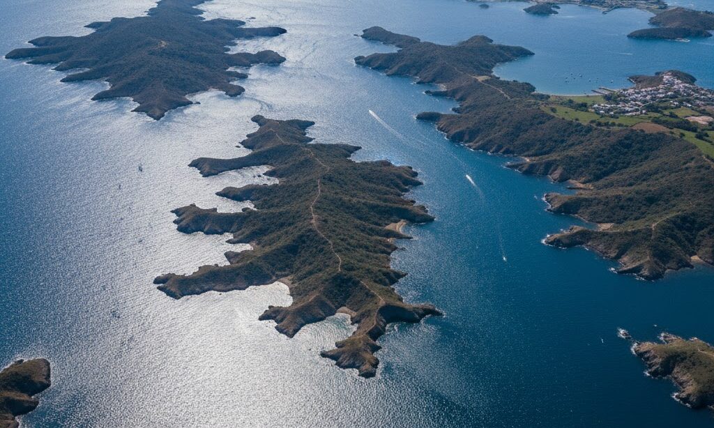 リアス式海岸との違いが分かる、入り組んだ海岸線の海と陸の風景