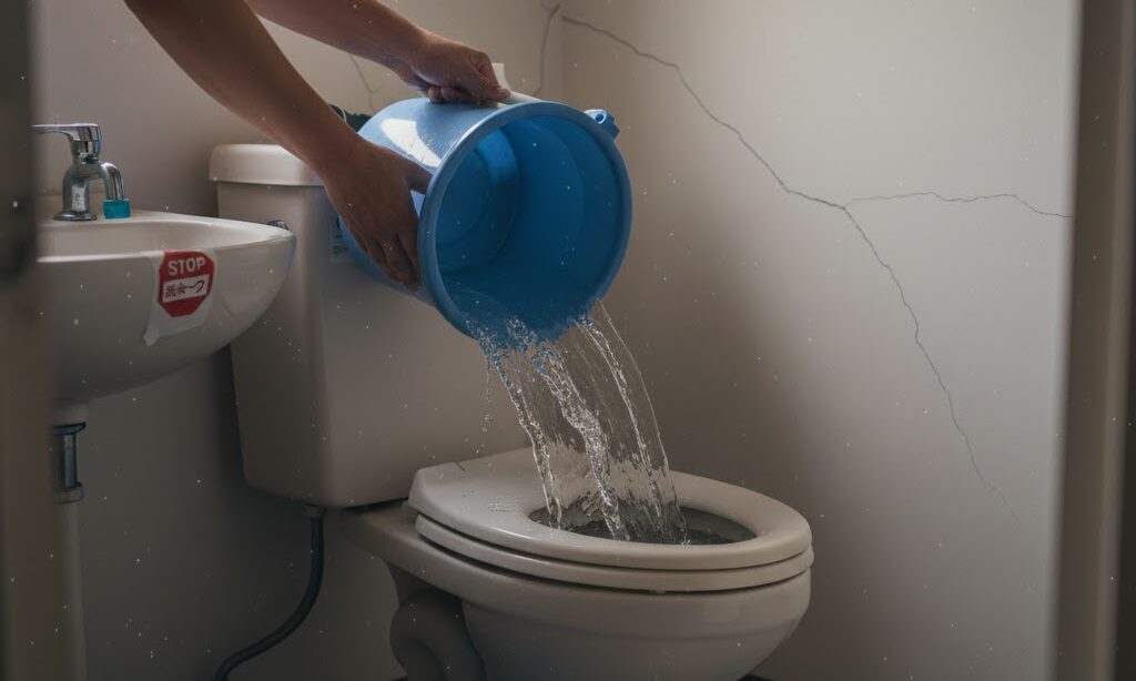 断水時にバケツの水でトイレを流す正しい方法を実践している様子