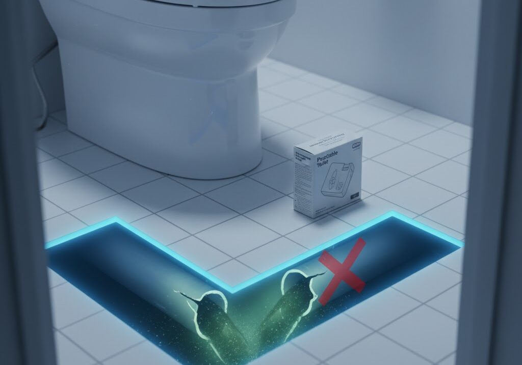 地震で壊れた下水管をイメージした室内 トイレを流す危険を示す防災イメージ写真