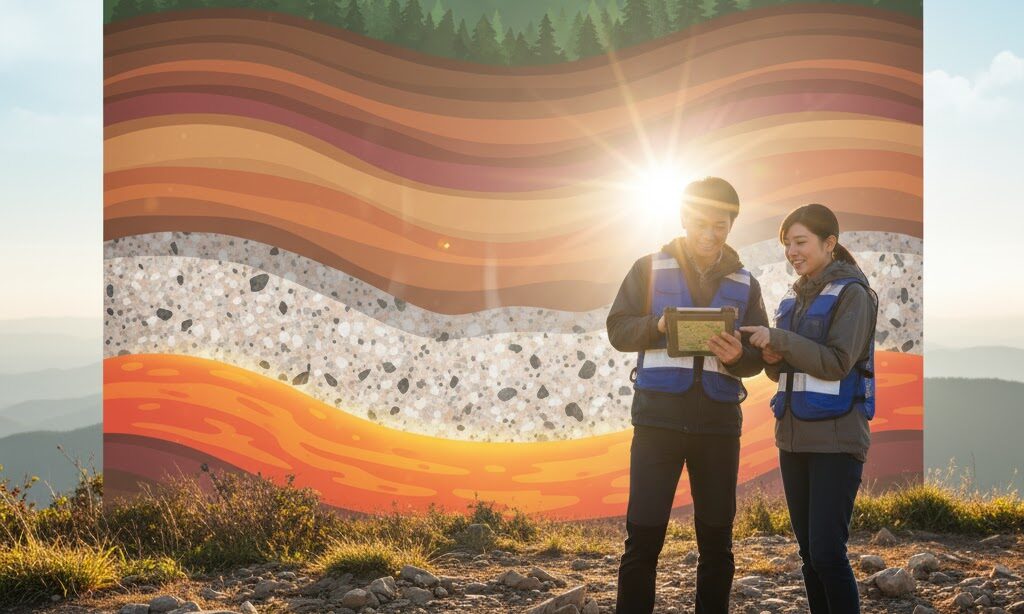 防災士が地図を見ながら地盤を調べている実写風シーン。花崗岩の地質と防災リスクを関連付けた教育的イメージ。