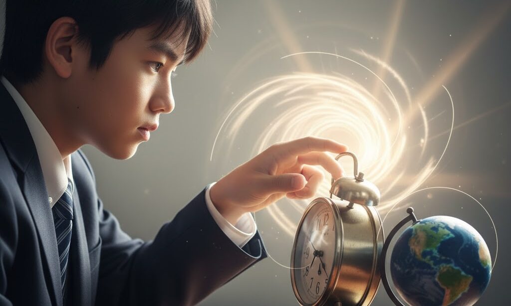 地球模型と時計を見比べ重力と時間の関係を学ぶ中学生の実写風画像