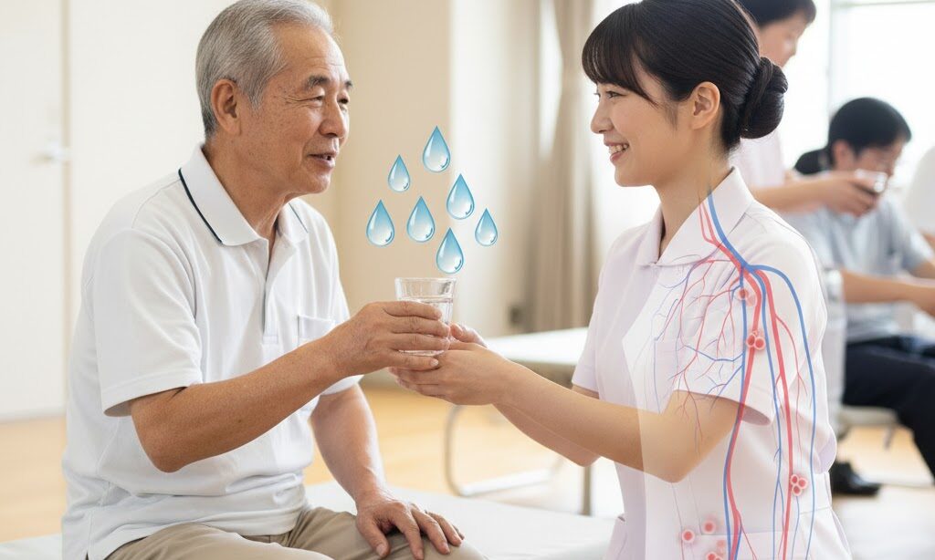 避難所で高齢者が水を飲み、感染症や血栓を予防する様子を表した実写風画像。