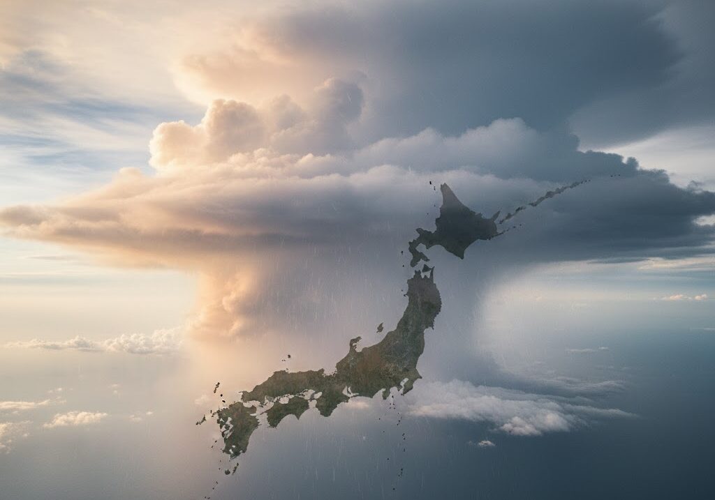 梅雨前線と秋雨前線の停滞前線としての違いを示す気団の実写風表現