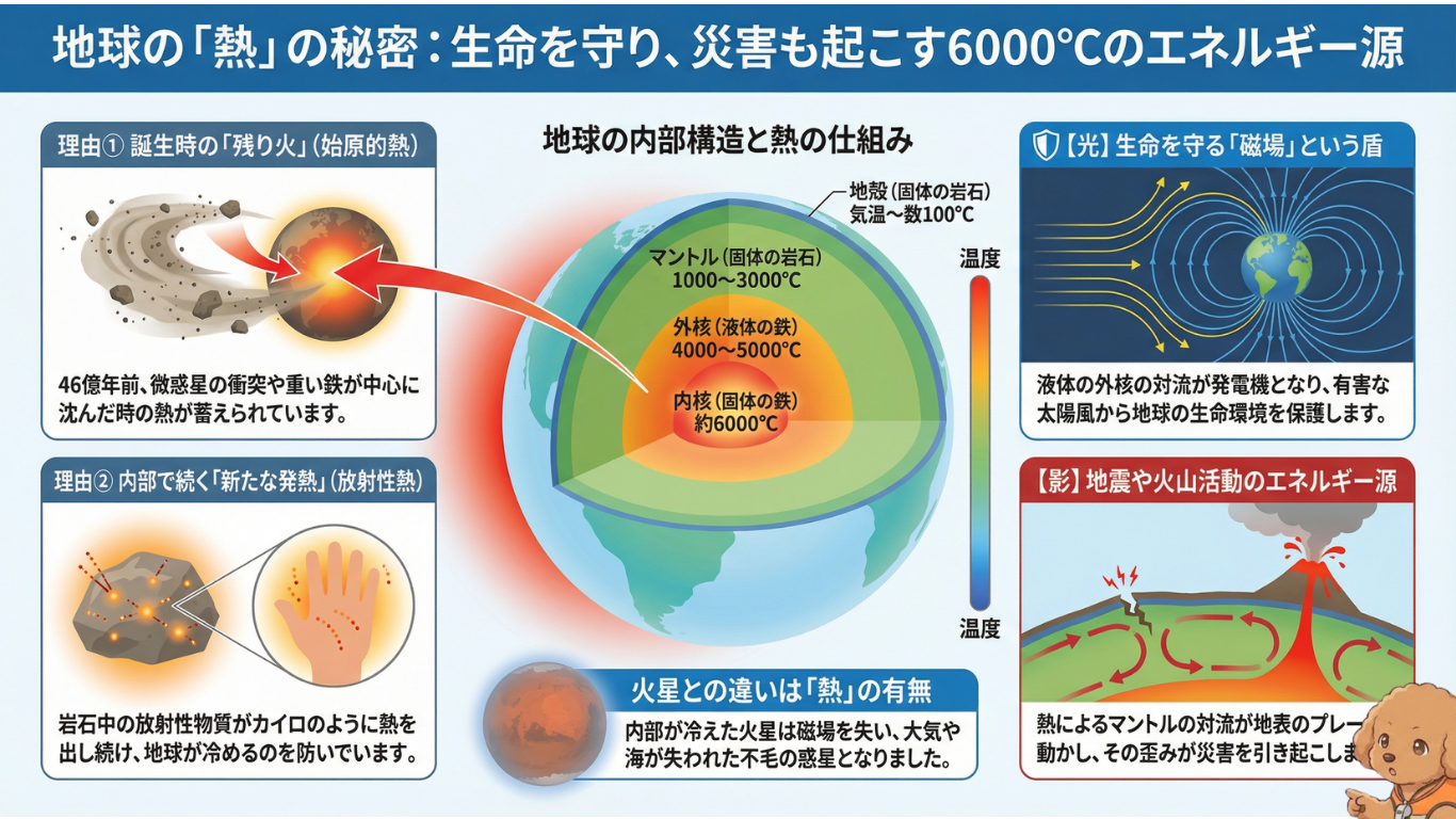 地球の熱の秘密:生命を守り災害も起こす6000℃のエネルギー源。地球の内部構造(地殻・マントル・外核・内核)と温度分布の図解。中心が熱い2つの理由(誕生時の衝突熱と放射性物質の熱)や、その熱が磁場を作って生命を守る一方、地震や火山活動の原因にもなる仕組みを解説。冷えて磁場を失った火星との比較も掲載。