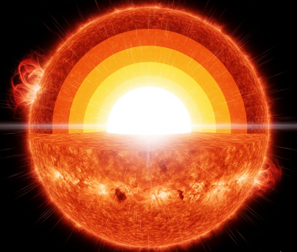 太陽の中心と表面の温度差を示すイメージ 太陽の内部構造をわかりやすく表現
