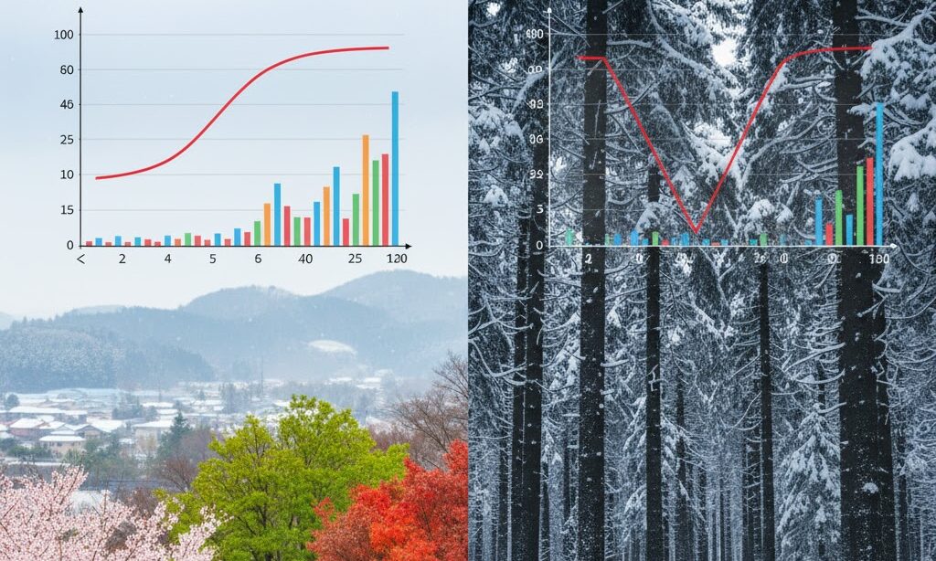 温帯と冷帯の気温差を比較する雨温図イメージ|−3℃の境界線で気候帯を判断する学習
