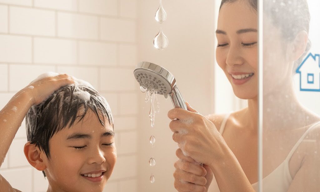 シャワーをこまめに止めて節水する家族の入浴シーン