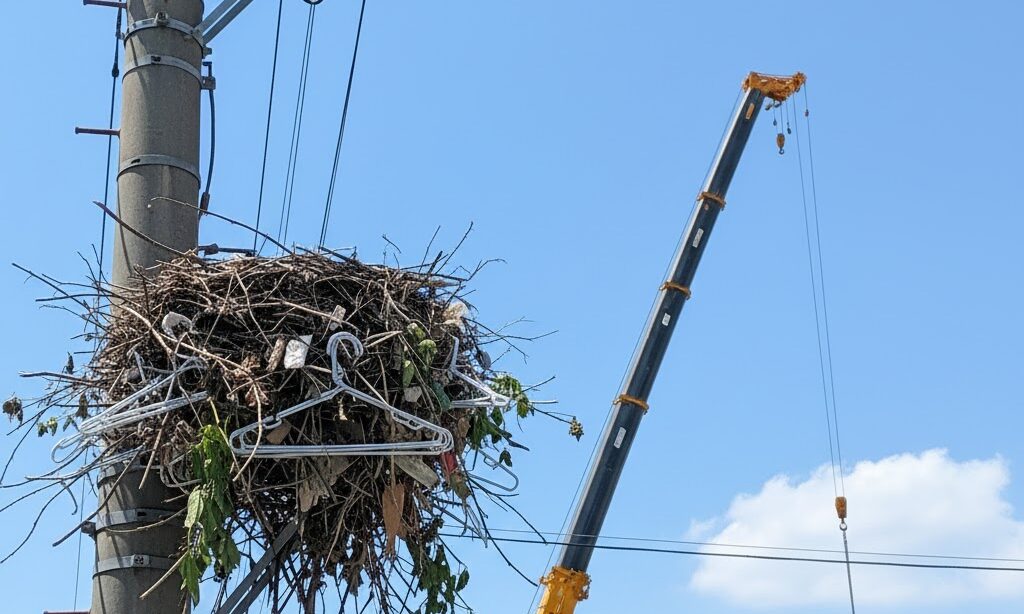 カラスの巣やクレーン車の接触が停電を招く人為・動物起因のトラブルイメージ