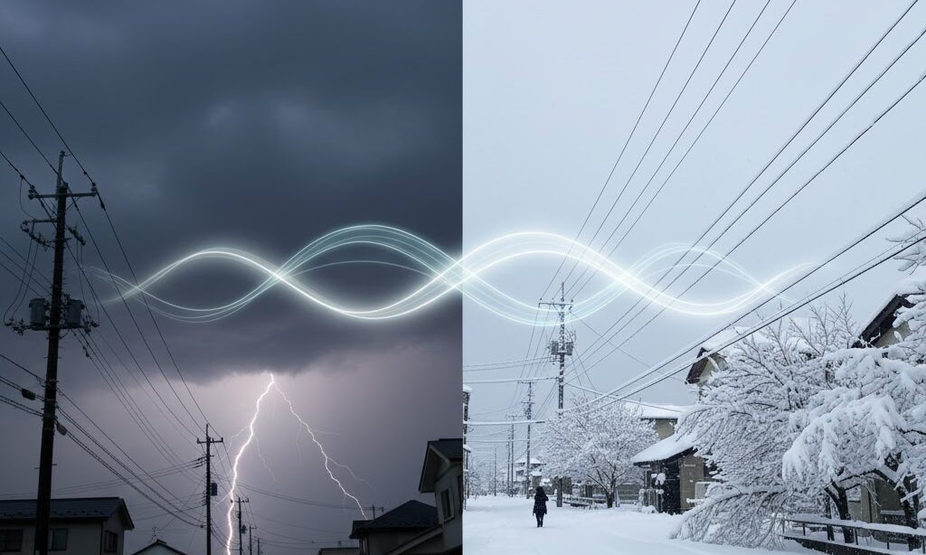 落雷と大雪が電線や設備に影響し停電を引き起こす季節特有の原因イメージ