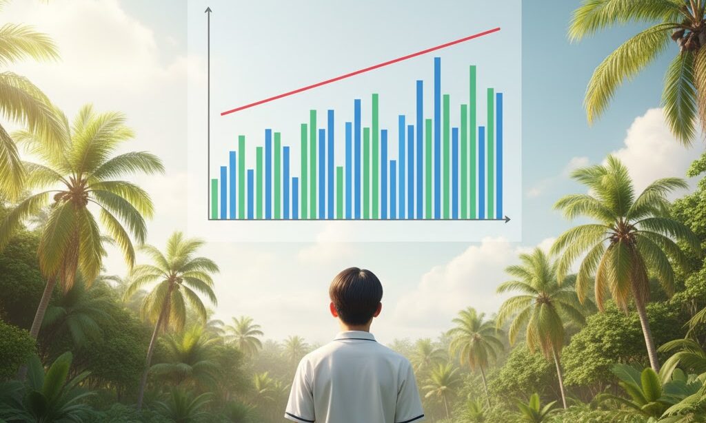 一年中高温な熱帯気候の雨温図イメージ|18℃の壁で気候区分を判断する学習シーン