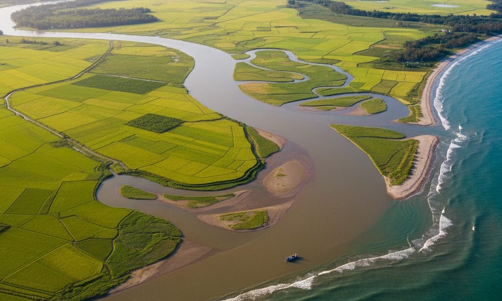 三角州とは川が運んだ土砂が海で堆積してできる平らな土地のイメージ写真