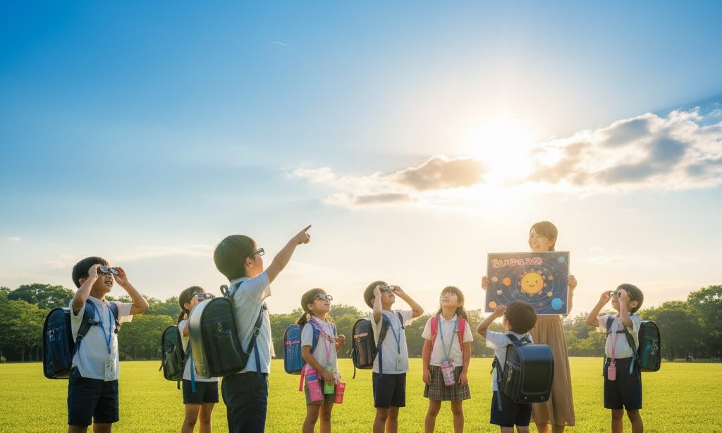 太陽の基本を学ぶ小学生の観察シーン 太陽とはどんな星かを学ぶイメージ