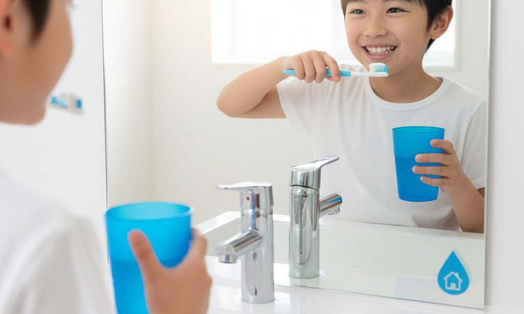 コップを使って歯磨きする小学生の節水実践シーン