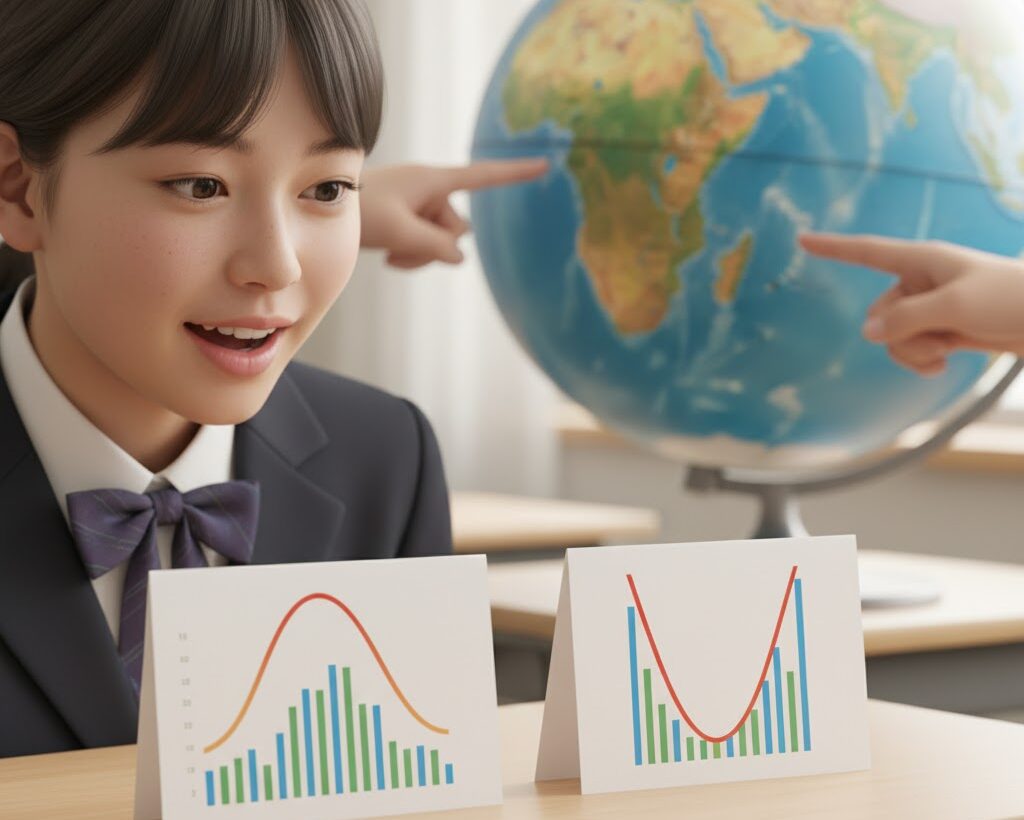 北半球と南半球の気温グラフの違いを比較する中学生|雨温図の季節変化を見分ける学習