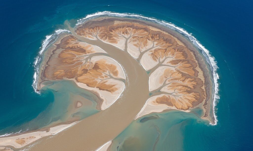 三角州のでき方を図解した実写風イメージ|川が海に流れ込む場所で土砂がたまる仕組み