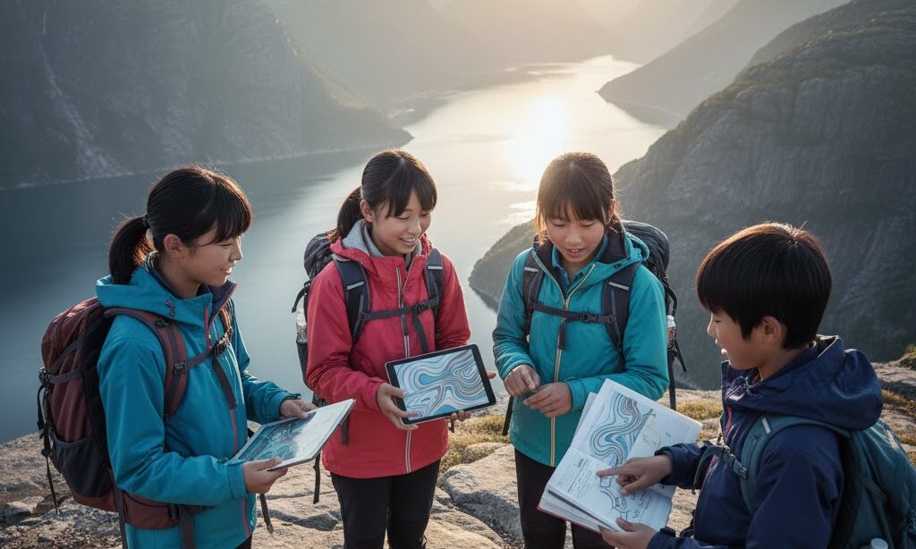 中学生がフィヨルドのでき方について学んでいる様子