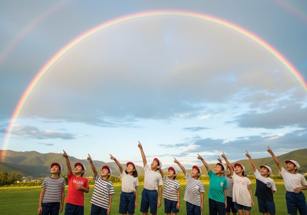 青空と虹を見上げる子どもたちの笑顔｜虹ができる仕組み 総まとめ