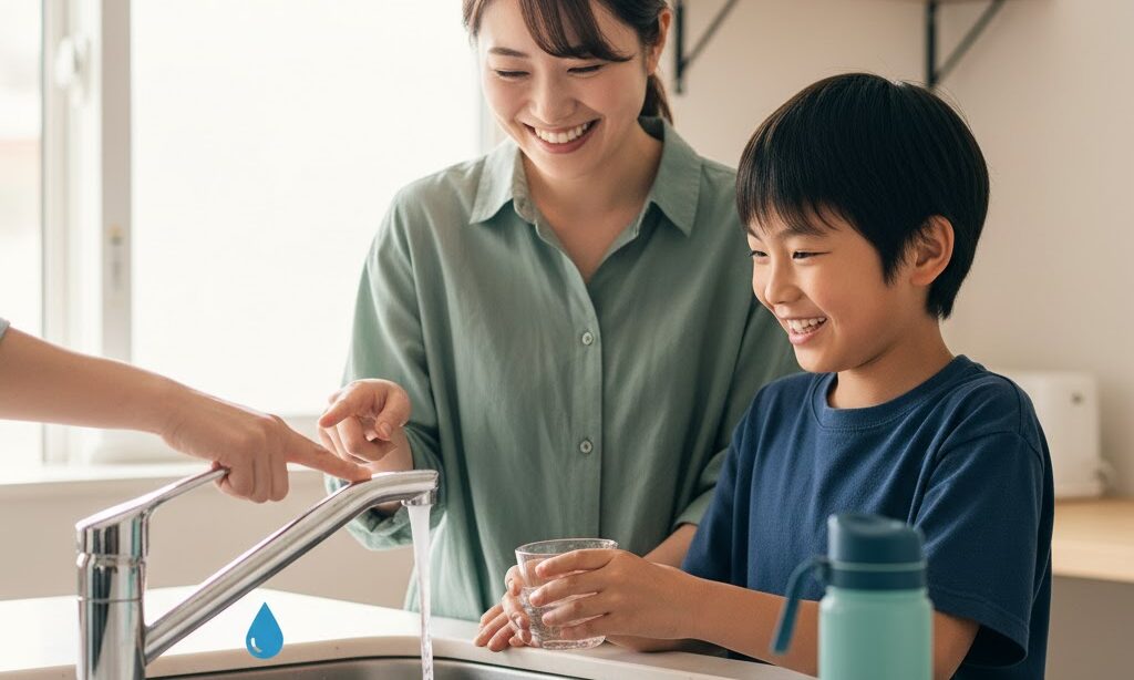 節水を学ぶ小学生と家族の様子を写した実写風イメージ