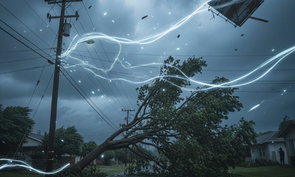 台風で倒木や飛来物が電線に接触し断線する様子|風災による停電原因のイメージ
