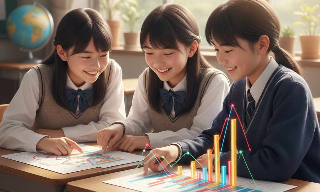 雨温図の見分け方を学ぶ中学生の学習シーン｜気温と降水量の読み取りを練習する様子