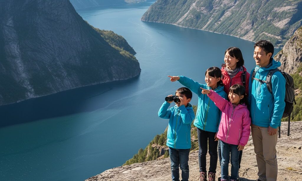 フィヨルドのでき方を振り返りながら眺める家族の学びの風景