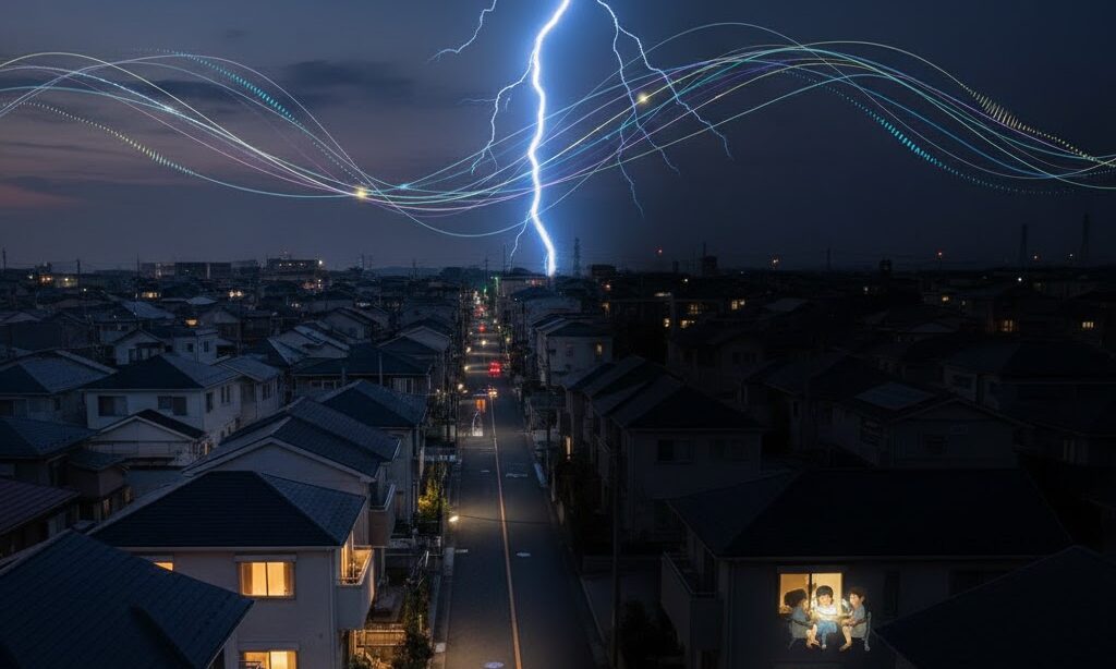 停電が起きる仕組みを示す台風と地震の対比イメージ|停電の原因を理解するための説明画像