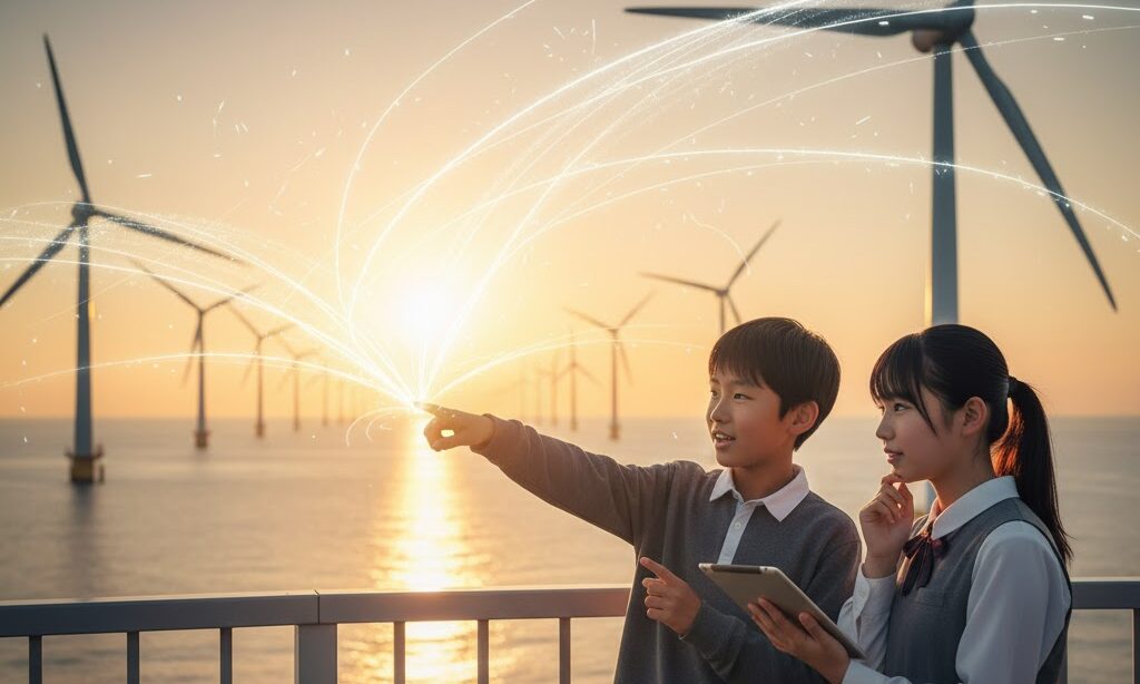 風力発電を勉強する中学生の様子