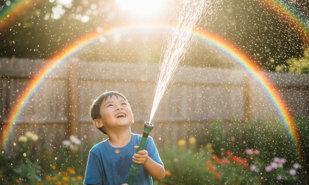 ホースの水しぶきで虹を作る子ども｜簡単にできる虹の実験