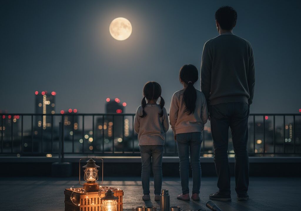 家族で夜空の月を観察する様子|学んだことを振り返るイメージ