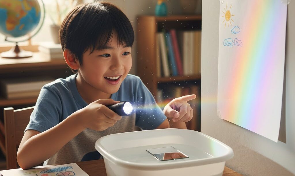 水と鏡を使って虹を作る実験をする小学生｜虹の作り方 実験 学習