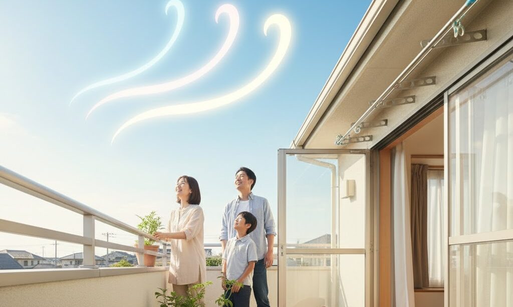 強い風が収まり風速どれくらいから強いかを学んだ家族が防災対策を確認しているシーン