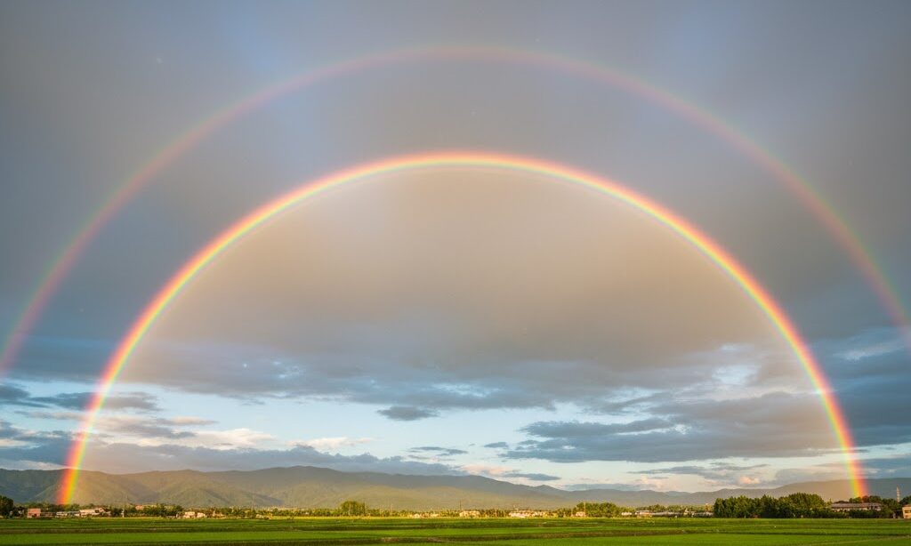 二重の虹が空にかかる自然風景｜ダブルレインボー 副虹 主虹 解説用