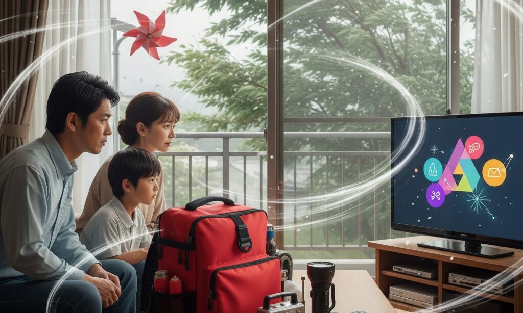 強風注意報や暴風警報の風速をテレビの天気予報と窓の外の強風で確認する家族のイメージ