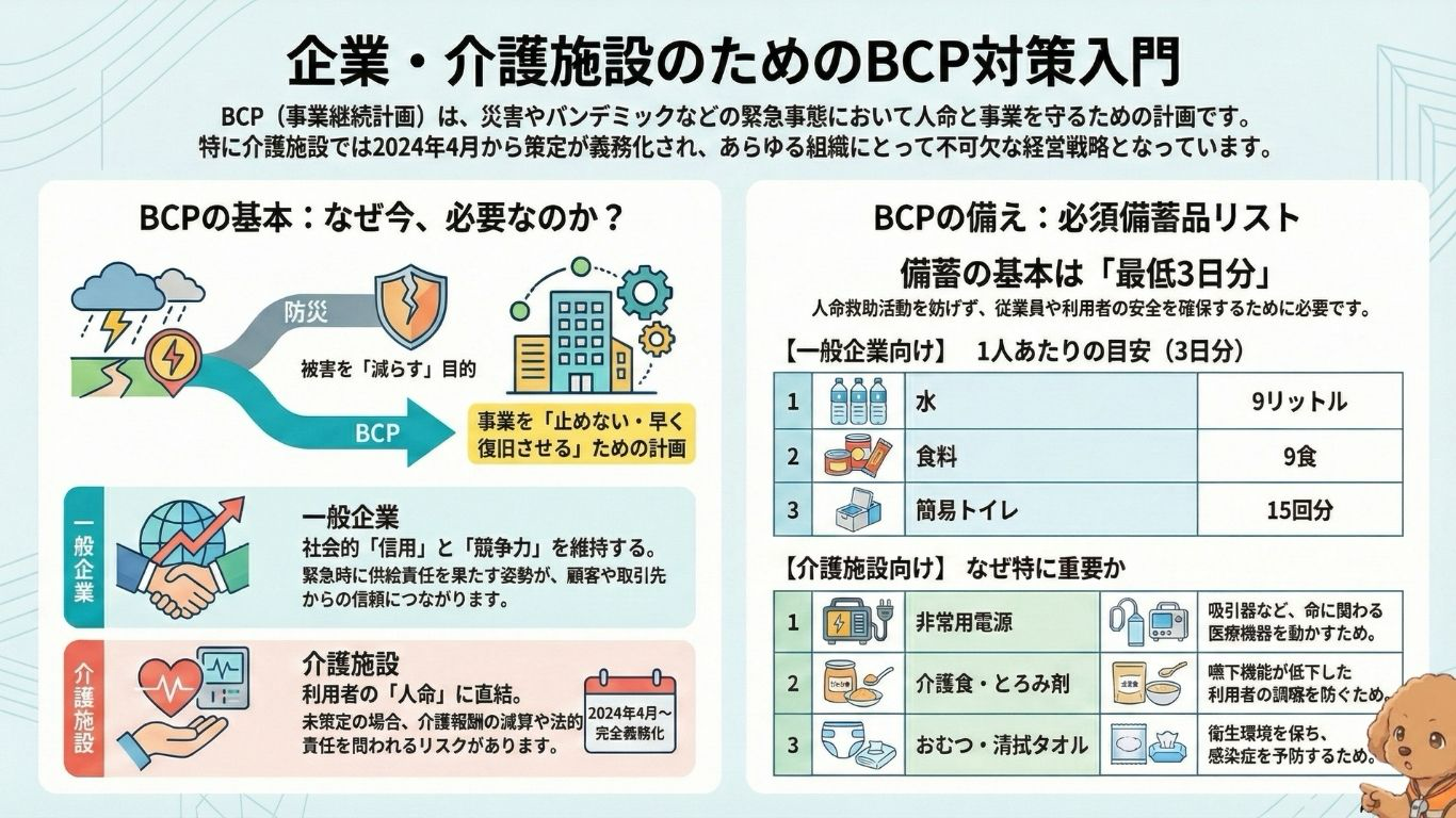 企業・介護施設向けBCP対策の入門図解（BCPの必要性、一般企業と介護施設の違い、最低3日分の備蓄品リスト〈水・食料・簡易トイレ・非常用電源・介護食・おむつ〉をまとめた説明図）