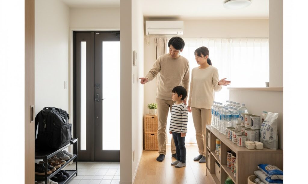 非常持ち出し袋と在宅避難用の水・食料が家の中で分散保管されている防災備蓄の写真