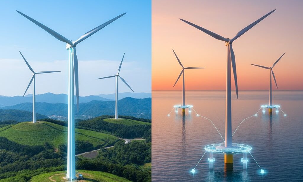 陸上風力と洋上風力の違いがわかる対比構図の実写風風力タービンイメージ