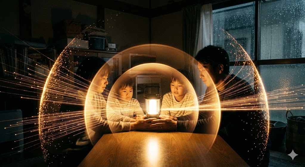 災害時の暗い空間をLEDランタンが明るく照らし、光の層が広がる実写風イメージ